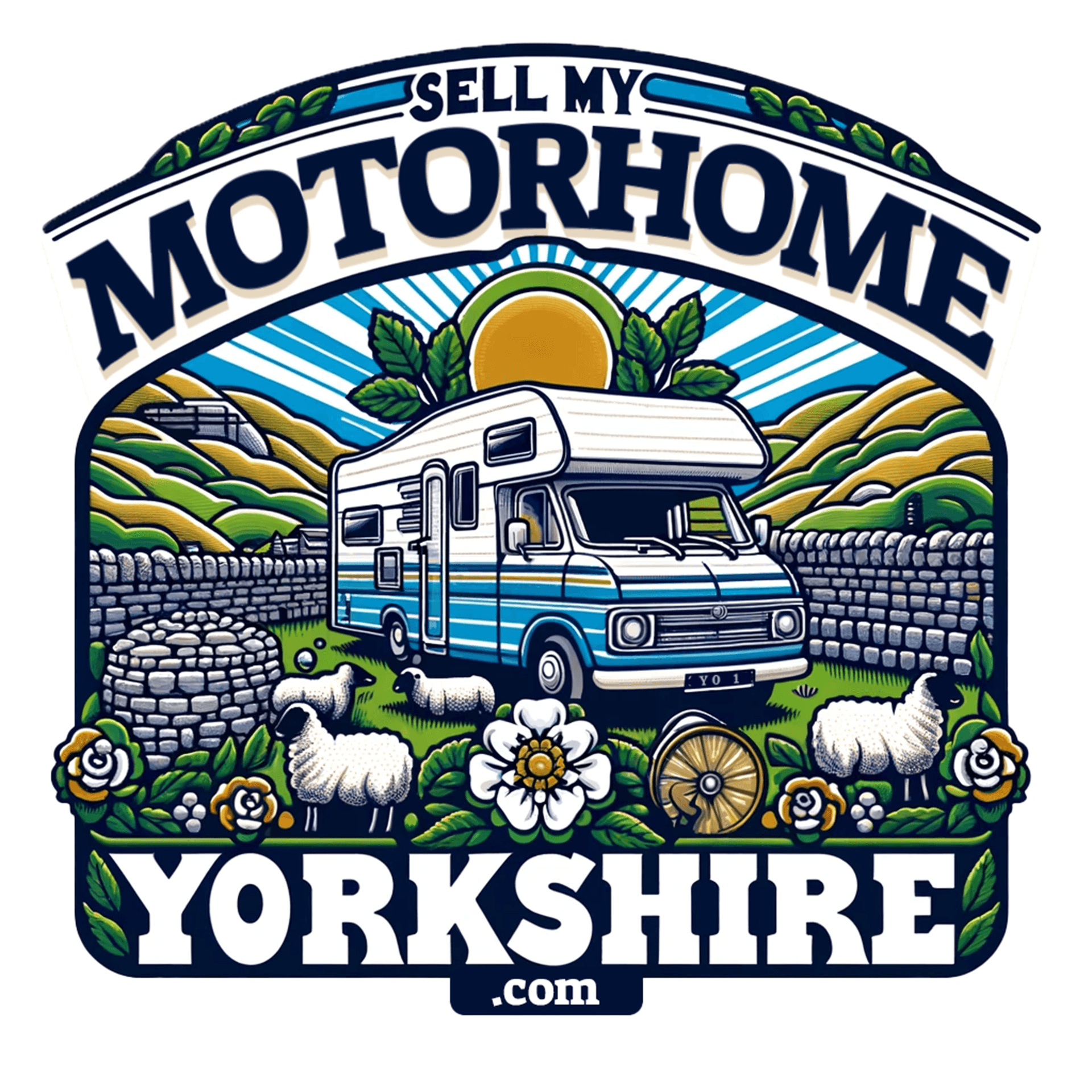 Logo for Sell My Motorhome Yorkshire based in Halifax Featuring a Blue RV, white sheep, green hills, sunrise, with text.