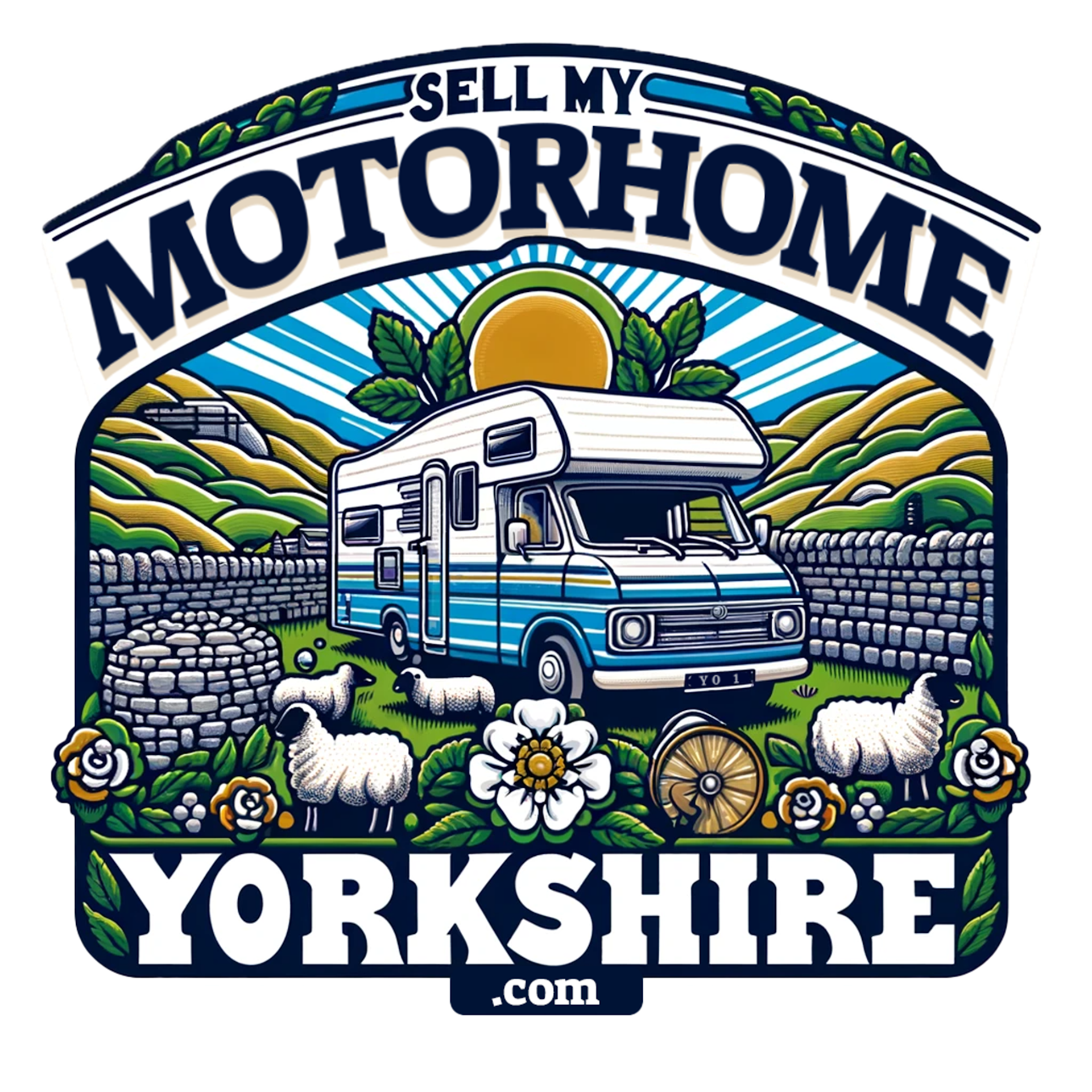 Logo for Sell My Motorhome Yorkshire based in Halifax Featuring a Blue RV, white sheep, green hills, sunrise, with text.